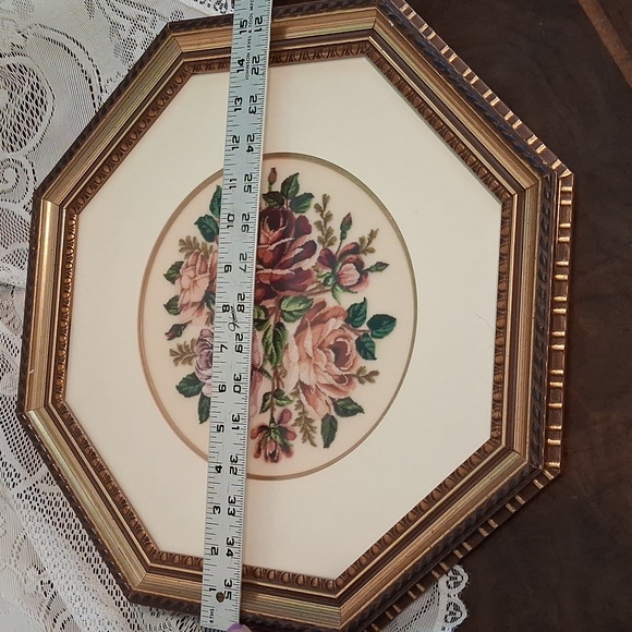 Petit Point Roses Double Matted, Framed, Octagon Under Glass 3456 - Picture 5 of 6
